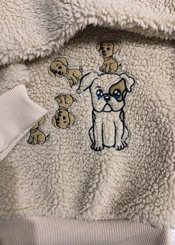 Nakışlı Tüylü Bej Sokak Stili Köpek desenli pofuduk sweatshirt - Görsel 2