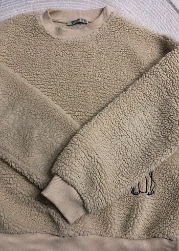 Nakışlı Tüylü Bej Sokak Stili Köpek desenli pofuduk sweatshirt - Görsel 3