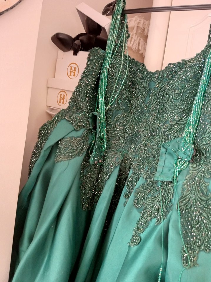 Drapeli İşlemeli Straplez Uzun Yeşil Abiye - Görsel 2