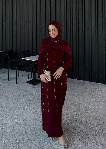 Abiye Bordo Uzun Kollu İşlemeli Abiye Elbise