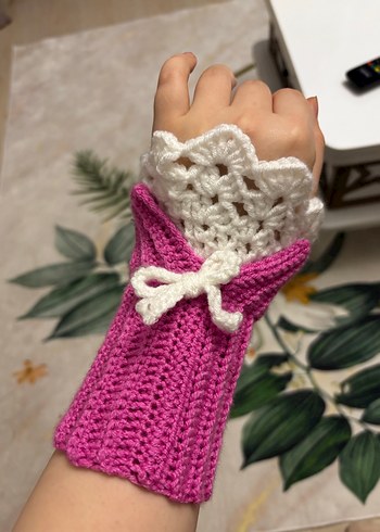 Dantel Detaylı Pembe Örgü Kadın Eldiven - Görsel 2