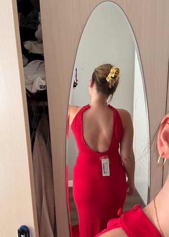 Parlak Kırmızı Drapeli Uzun Elbise - Görsel 5