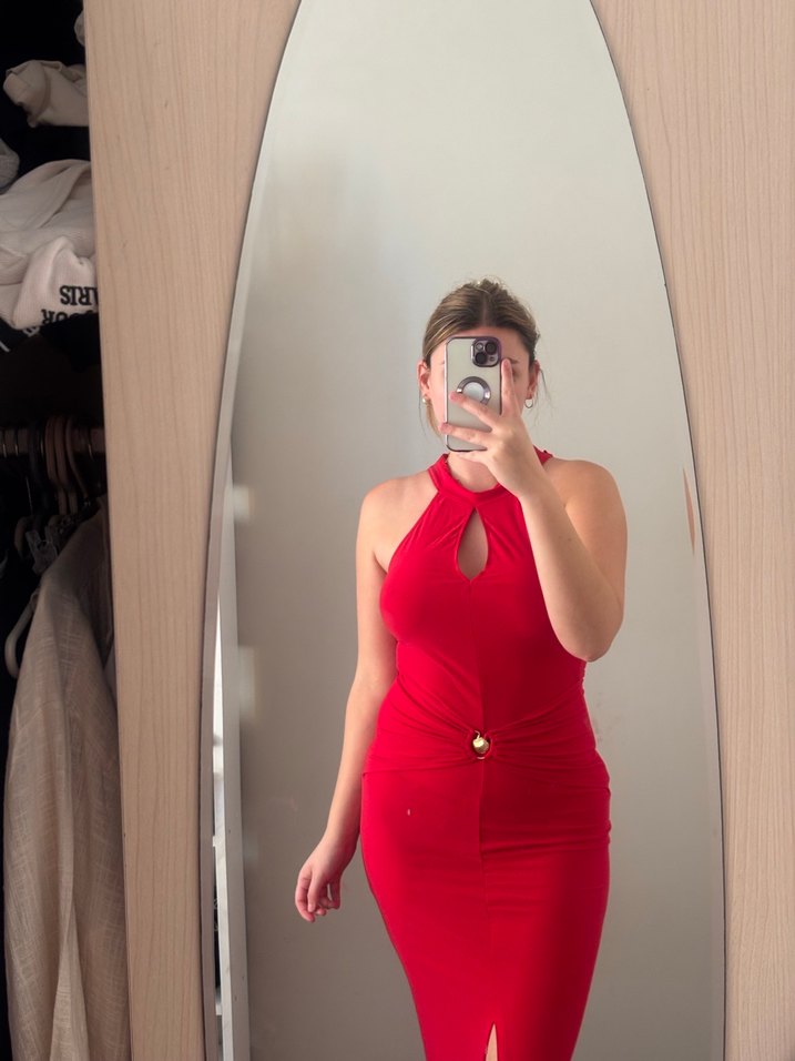 Parlak Kırmızı Drapeli Uzun Elbise - Görsel 4