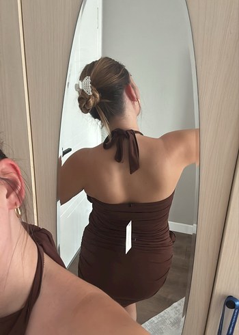 Kahverengi Drapeli Mini Elbise - Görsel 7