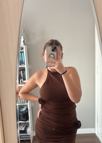 Kahverengi Drapeli Mini Elbise - Görsel 6