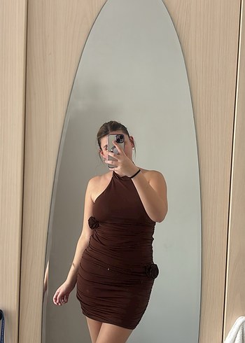 Kahverengi Drapeli Mini Elbise - Görsel 5