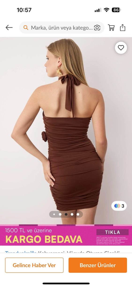 Kahverengi Drapeli Mini Elbise - Görsel 3