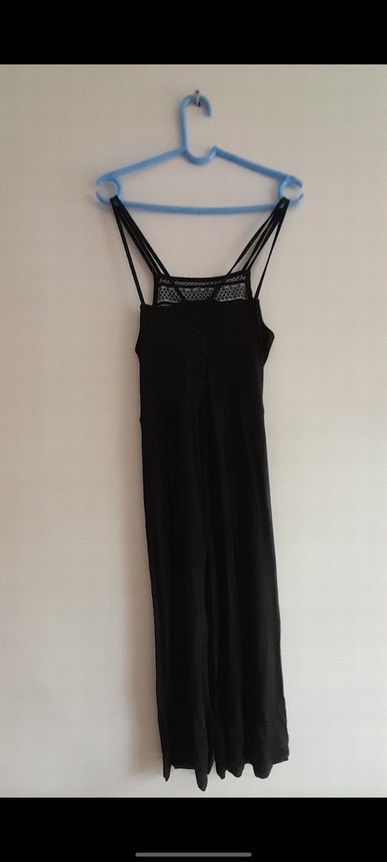 Siyah İnce Askılı Esnek kumaş tulum - Görsel 2