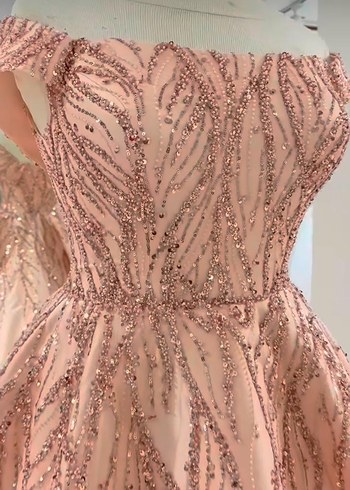 Pembe İşlemeli Boncuklu Uzun Abiye Elbise - Görsel 5