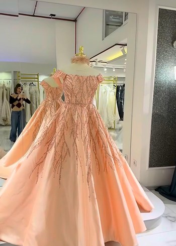 Pembe İşlemeli Boncuklu Uzun Abiye Elbise - Görsel 2