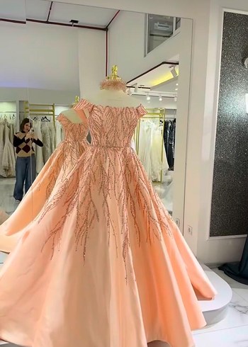 Pembe İşlemeli Boncuklu Uzun Abiye Elbise - Görsel 6