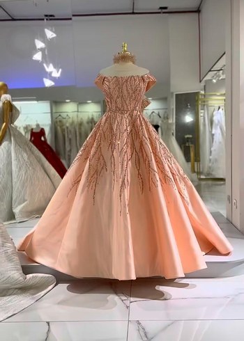 Pembe İşlemeli Boncuklu Uzun Abiye Elbise - Görsel 7