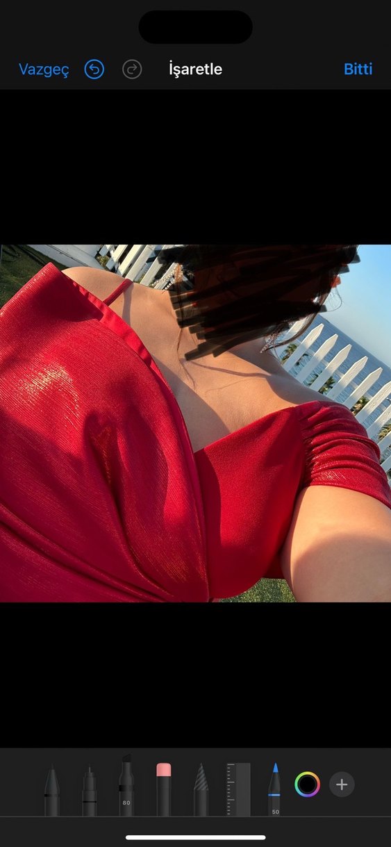 Parlak Kırmızı Drapeli Uzun Abiye Elbise - Görsel 2