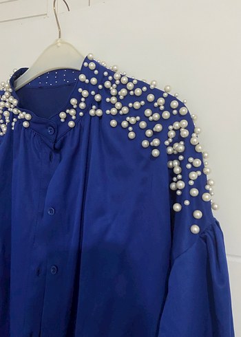 İnci Detaylı Mavi Uzun Kollu Kadın Gömlek - Görsel 2