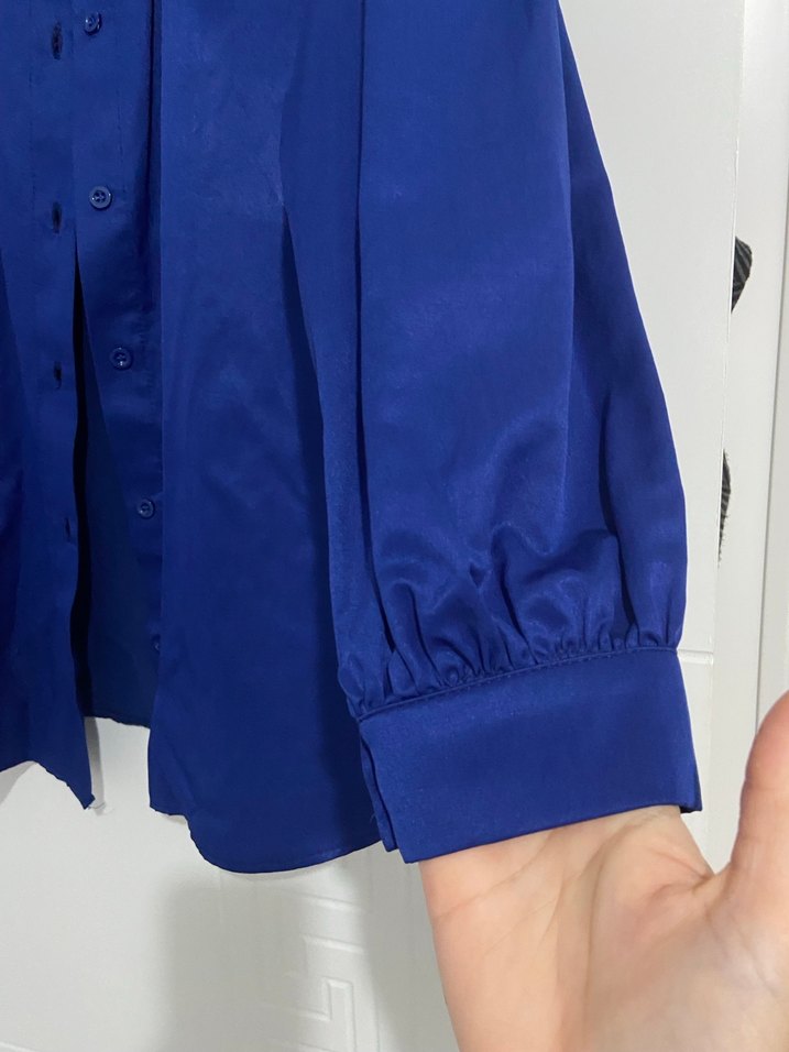 İnci Detaylı Mavi Uzun Kollu Kadın Gömlek - Görsel 3