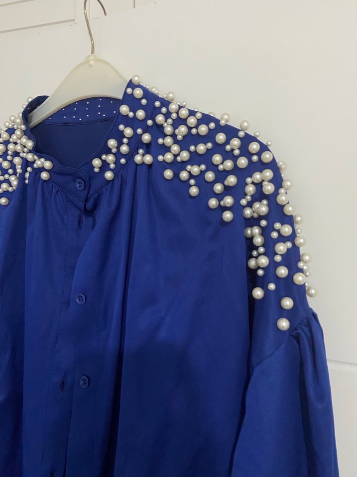 İnci Detaylı Mavi Uzun Kollu Kadın Gömlek - Görsel 2
