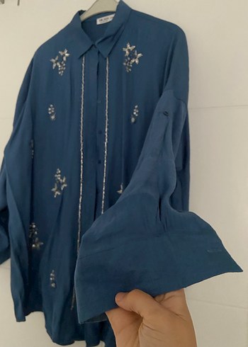 Mavi Nakışlı Uzun Kollu Bohem Gömlek - Görsel 5
