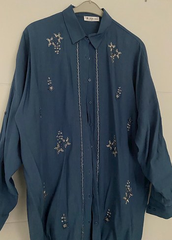 Mavi Nakışlı Uzun Kollu Bohem Gömlek - Görsel 6