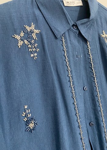 Mavi Nakışlı Uzun Kollu Bohem Gömlek - Görsel 3