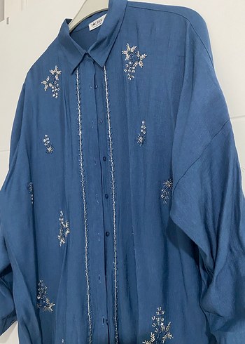 Mavi Nakışlı Uzun Kollu Bohem Gömlek - Görsel 2