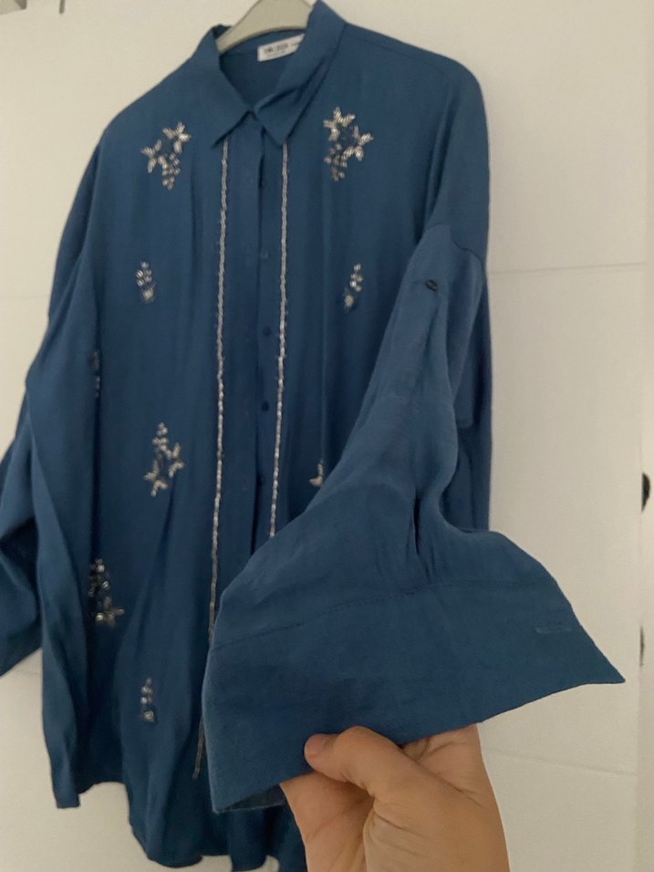 Mavi Nakışlı Uzun Kollu Bohem Gömlek - Görsel 5