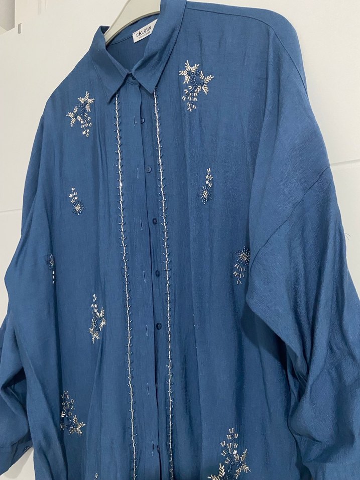 Mavi Nakışlı Uzun Kollu Bohem Gömlek - Görsel 2