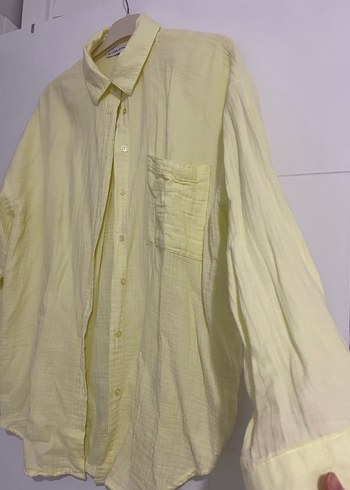 Sarı Keten Düğmeli Uzun Kollu Gömlek - Görsel 2
