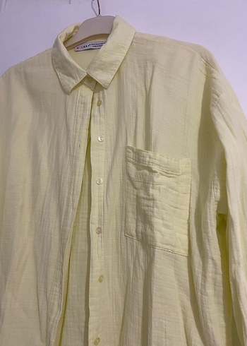 Sarı Keten Düğmeli Uzun Kollu Gömlek - Görsel 3