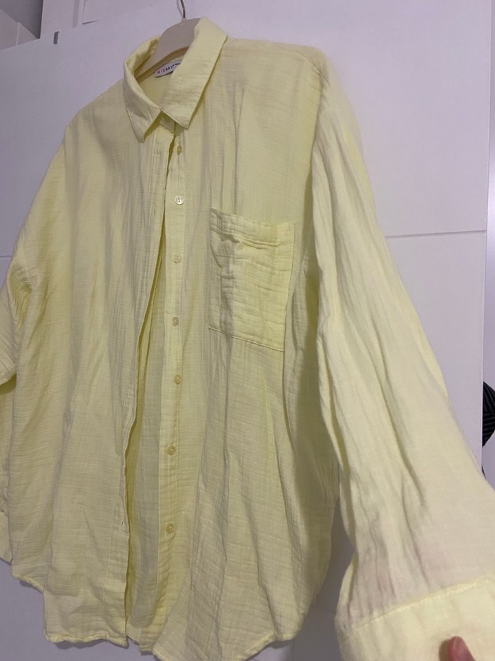 Sarı Keten Düğmeli Uzun Kollu Gömlek - Görsel 2