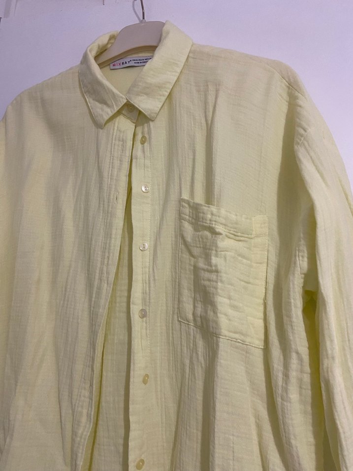 Sarı Keten Düğmeli Uzun Kollu Gömlek - Görsel 3