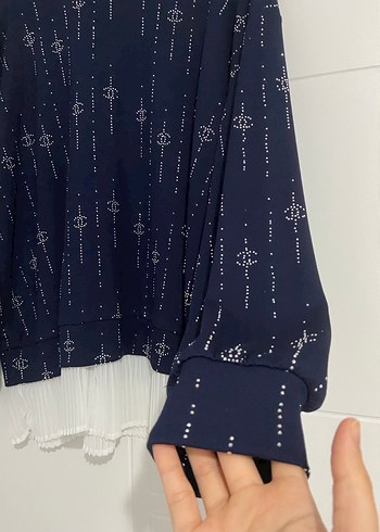 Lacivert Baskılı Piliseli Midi Kadın Kazak - Görsel 2