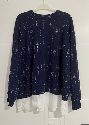 Lacivert Baskılı Piliseli Midi Kadın Kazak - Görsel 5