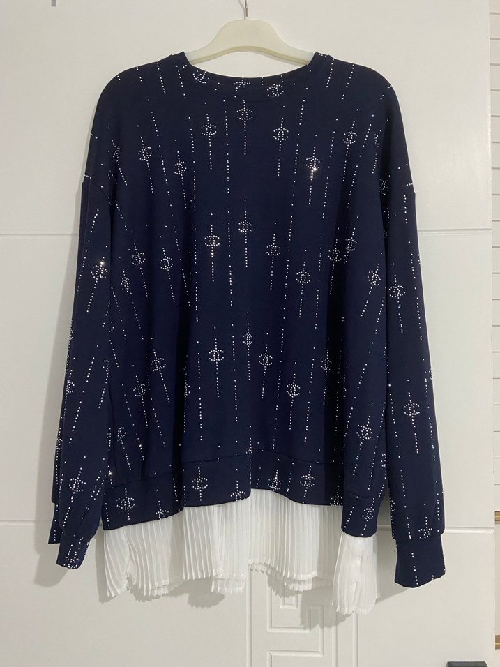 Lacivert Baskılı Piliseli Midi Kadın Kazak - Görsel 5