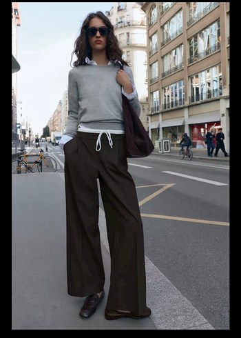 Kemerli Rahat Kesim Kahverengi Kadın Pantolon - Görsel 2