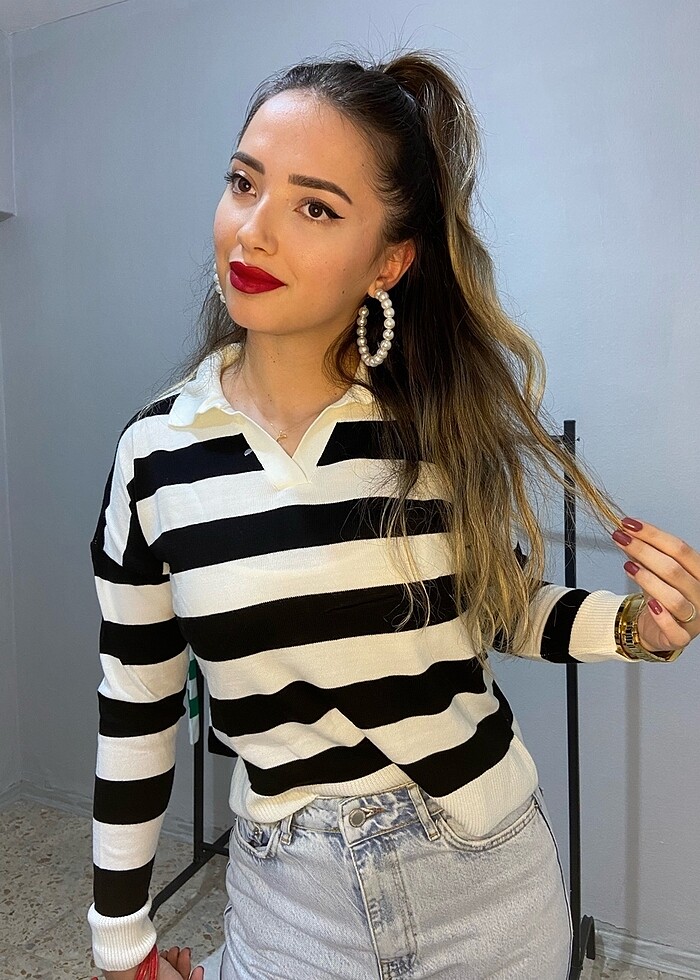 Siyah&Beyaz çizgili triko kazak - Görsel 2
