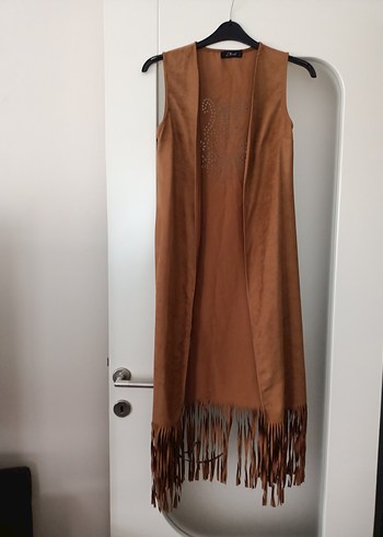 Bej Süet Uzun Kadın Yelek - Görsel 2