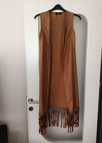 Bej Süet Uzun Kadın Yelek - Görsel 3