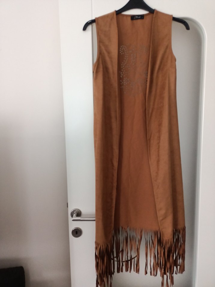 Bej Süet Uzun Kadın Yelek - Görsel 4