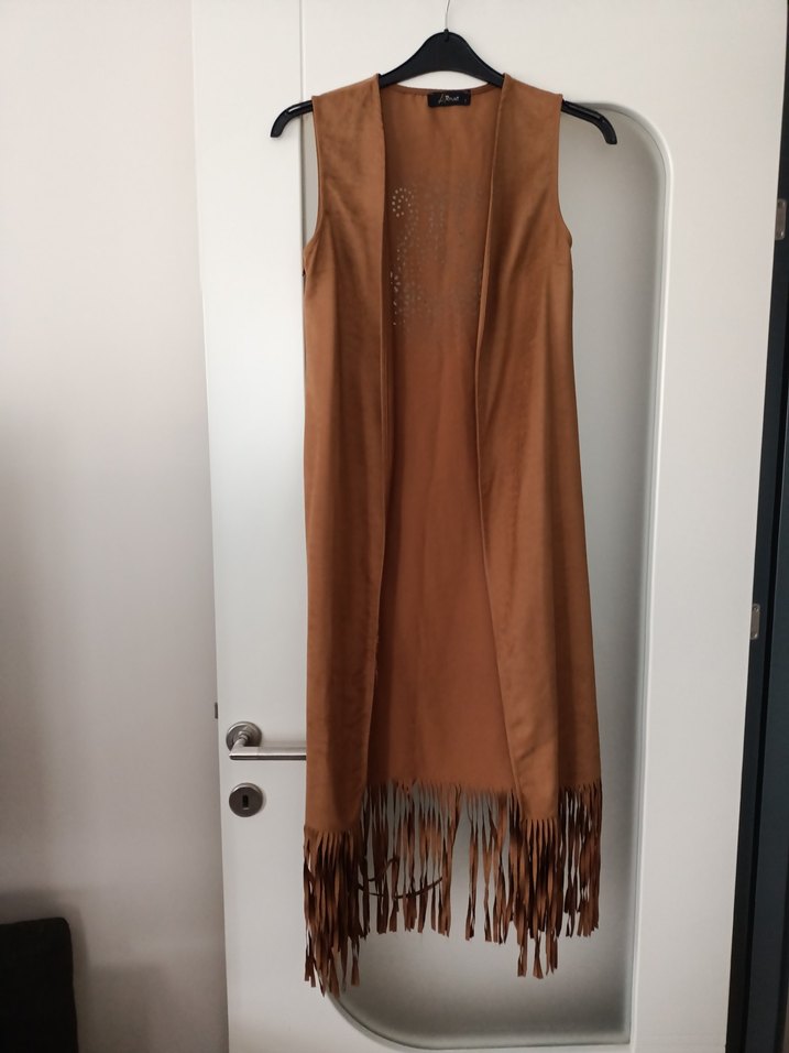 Bej Süet Uzun Kadın Yelek - Görsel 3