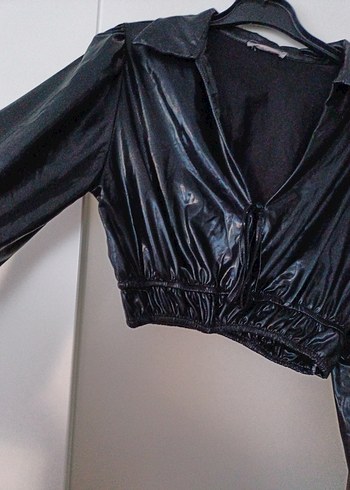 m Beden siyah Renk Deri Görünümlü Siyah Gotik Mini Bluz