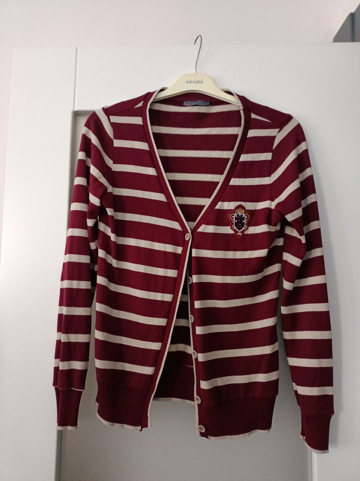 Bordo Çizgili Düğmeli İnce Hırka - Görsel 5