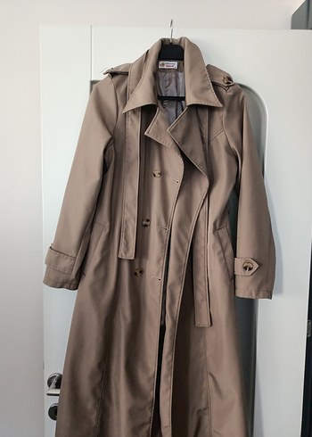 Bej Uzun Kadın Trençkot Kemerli - Görsel 2