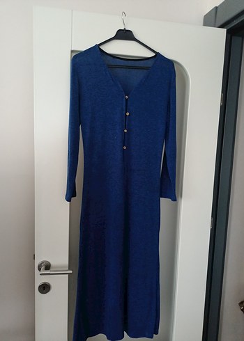 Düğmeli Lacivert Uzun Keten hırka - Görsel 4