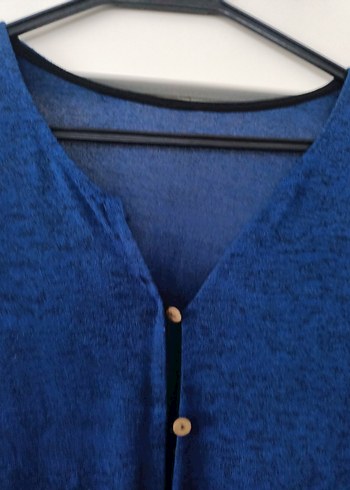 Düğmeli Lacivert Uzun Keten hırka - Görsel 2