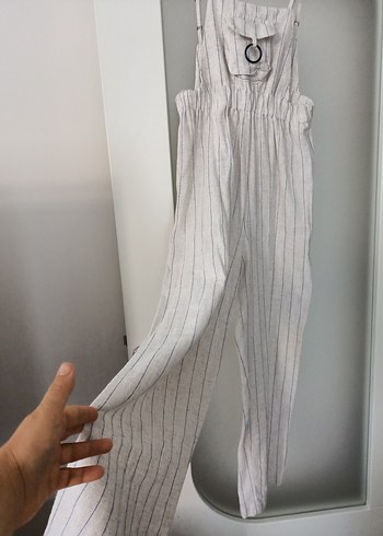 l Beden Bej Pilili Uzun Keten Kadın Tulum