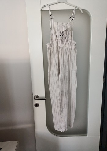Bej Pilili Uzun Keten Kadın Tulum