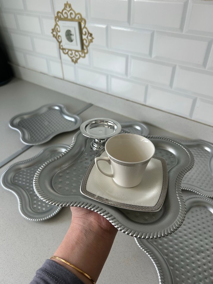 Gri Düz Desen Altıgen tepsi - Görsel 3