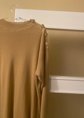 Bej Düğmeli Boğazlı Midi Triko Kadın Kazak - Görsel 4