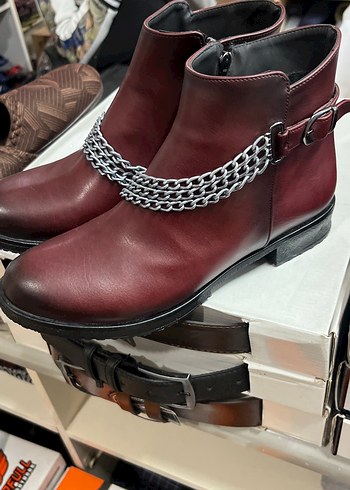 Bordo Deri Zincir Detaylı Biker Bot - Görsel 2