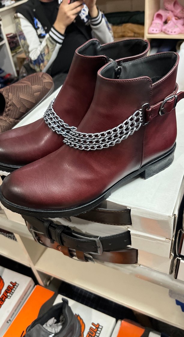 Bordo Deri Zincir Detaylı Biker Bot - Görsel 2